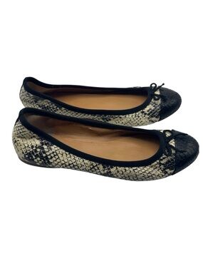 J Crew Factory Sz 7 Ballet Flats Slip On Shoes Snakeskin Print Black Cream